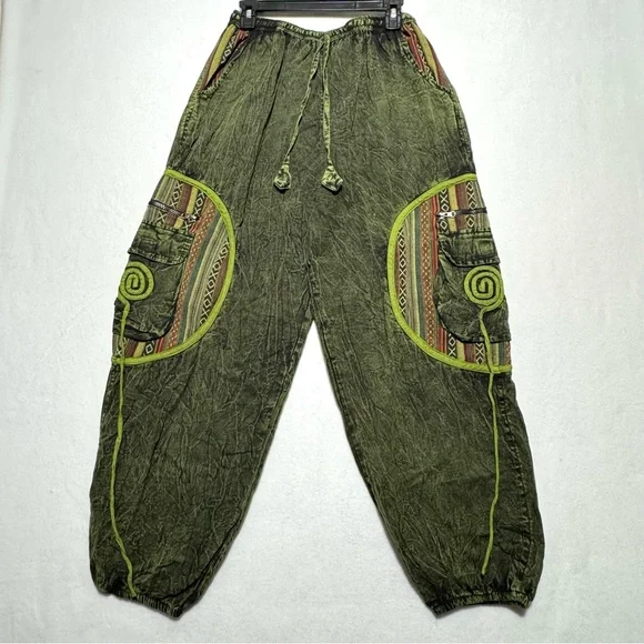 Kathmandu Olive Stonewashed Trousers Cargo Pants w/Tribal Patterns Harem Hippie - Picture 3 of 16